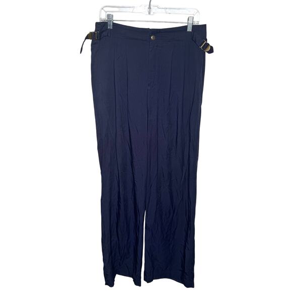 Urban Outfitters Navy Tencel Wide Leg Pants Size 10 High Rise Adjustable Belt - Picture 1 of 12
